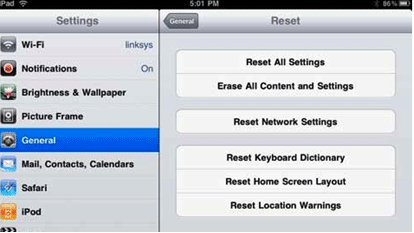 iPad General Settings, Reset Network Settings